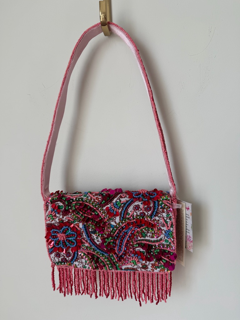Viral Beaded Pink Paisley Sequins Fringe Shoulder Bag